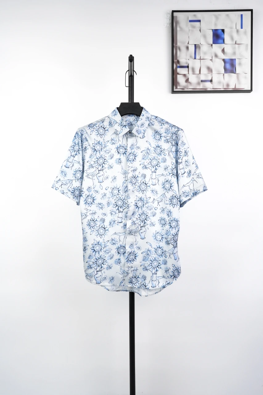 Dior Pale Blue Porcelain Floral Print Short Sleeve Shirt product photo from LabelPicks