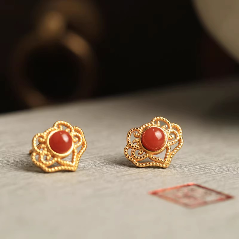 S925 sterling silver, South Red Agate, Ruyi-shaped earrings, new Chinese style, retro, minimalist, hollow design, elegant and unique earrings