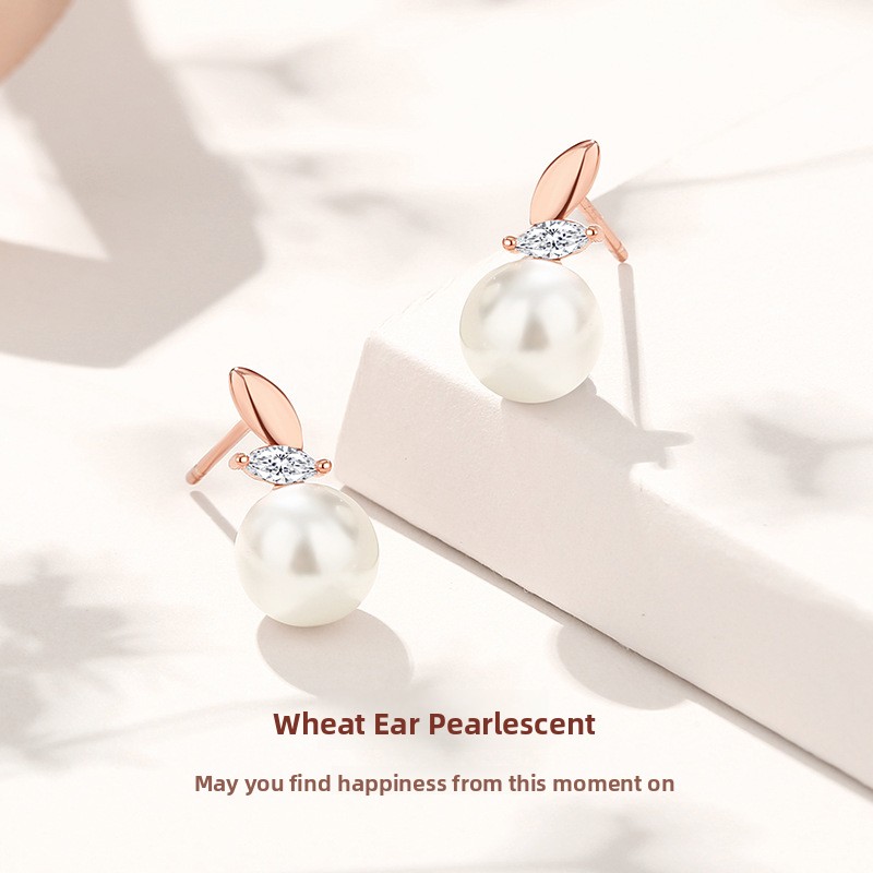 Original wheat-ear pearl earrings for women, sterling silver, forest style, ins chic, rose gold earrings, pastoral style earrings