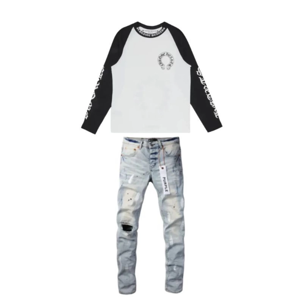 Chrome Hearts Horseshoe Baseball Shirt White/Black+Purple Brand Fashion Men Jeans 2