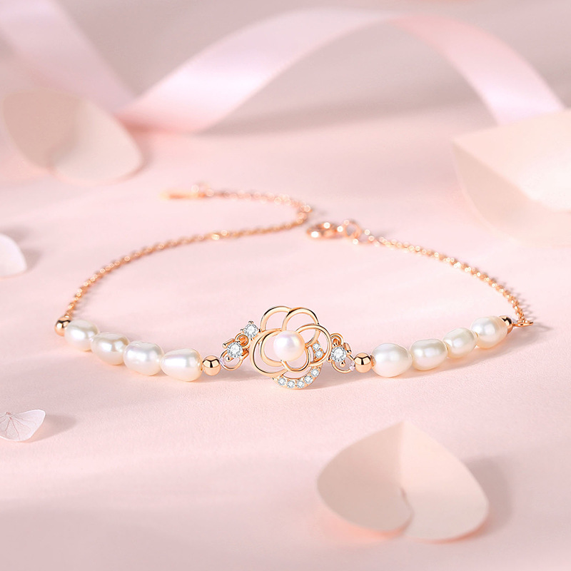 Forest-style 925 sterling silver camellia pearl bracelet, a unique and luxurious floral bracelet for women, a perfect gift for best friends, and an Instagram-worthy accessory