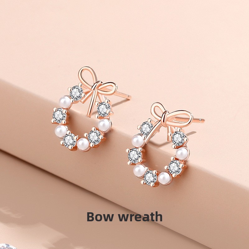 925 sterling silver sweet bowknot pearl earrings for women, simple and trendy, with a youthful and delicate design, versatile pearl flower earrings