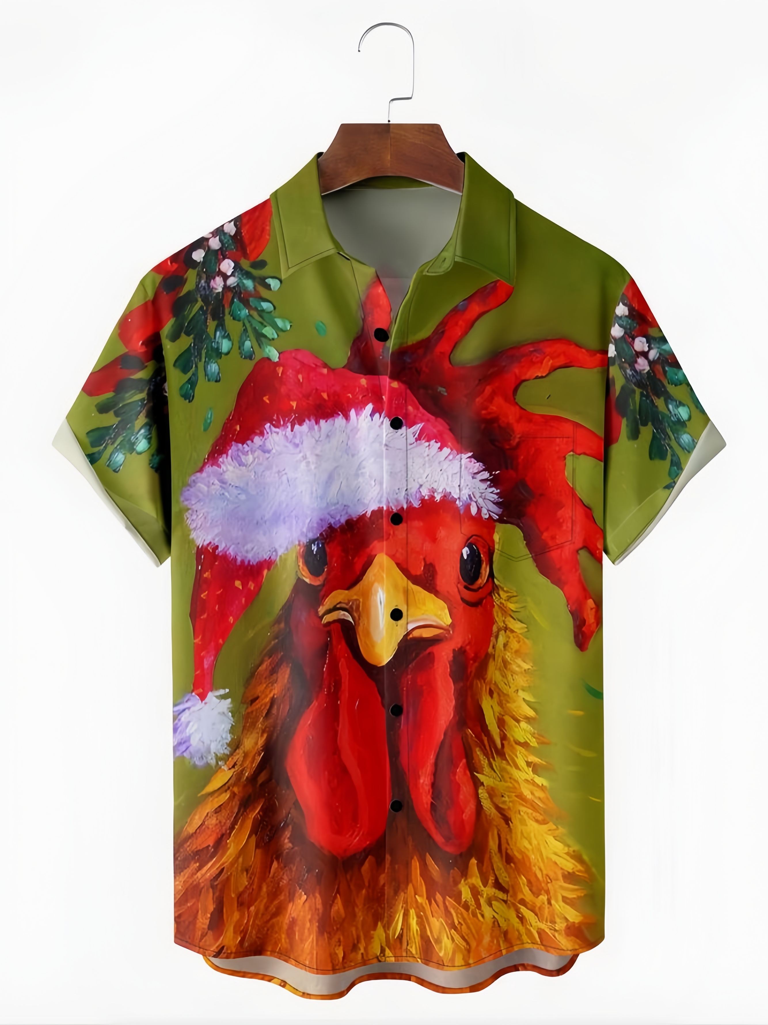 Christmas Rooster Chest Pocket Short Sleeve Casual Shirt