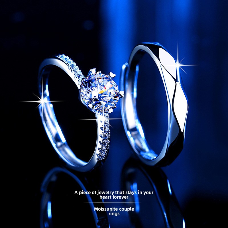 925 sterling silver moissanite couple rings, high-end moissanite rings for men and women, simulated diamond rings, fashionable ins-style rings
