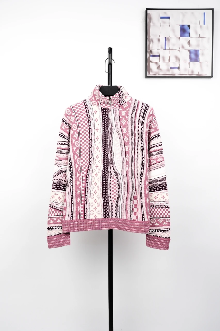 Louis Vuitton Pink White Monogram Jacquard Half Zip Sweater Jacket product photo from LabelPicks