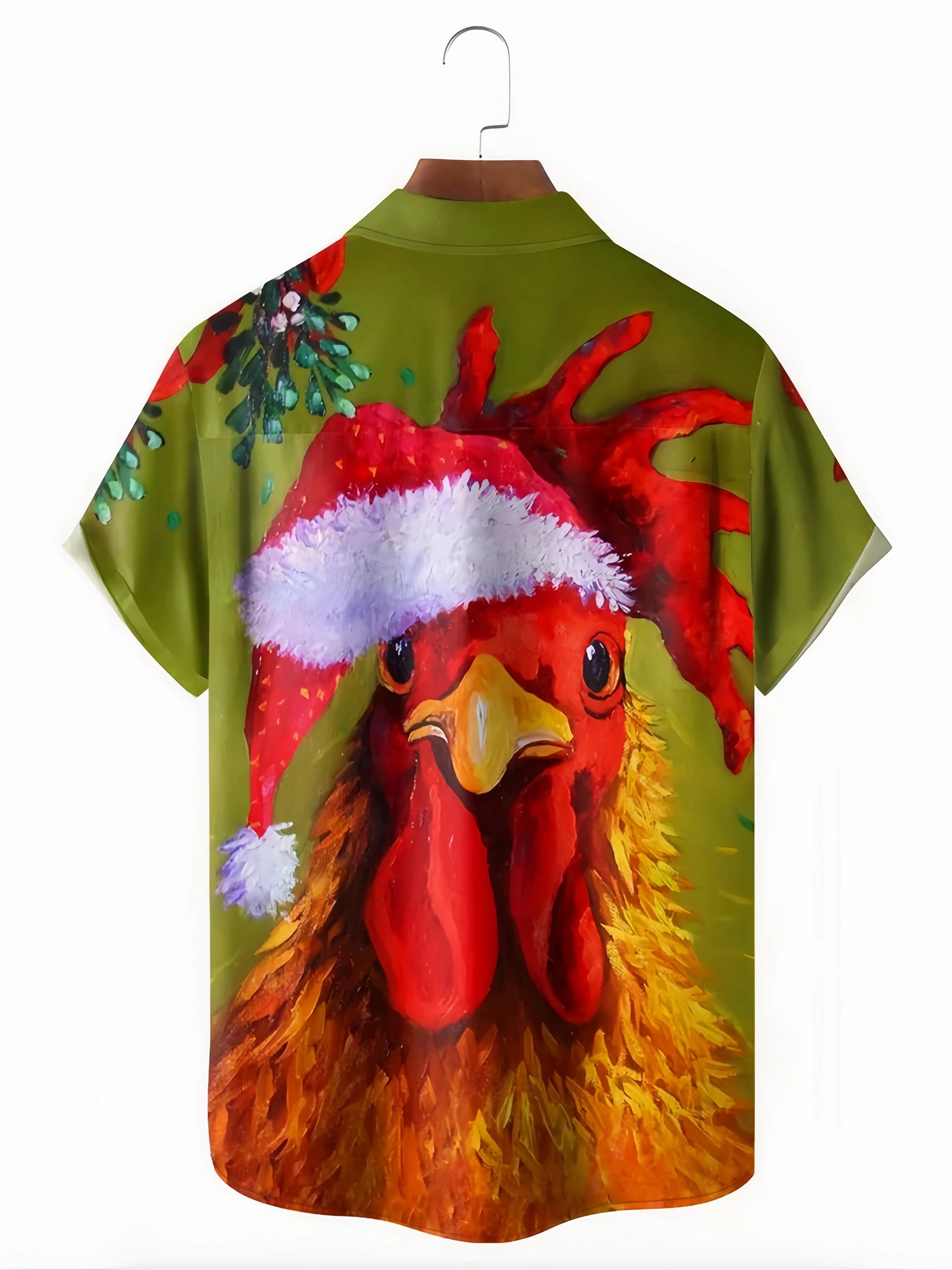 Christmas Rooster Chest Pocket Short Sleeve Casual Shirt