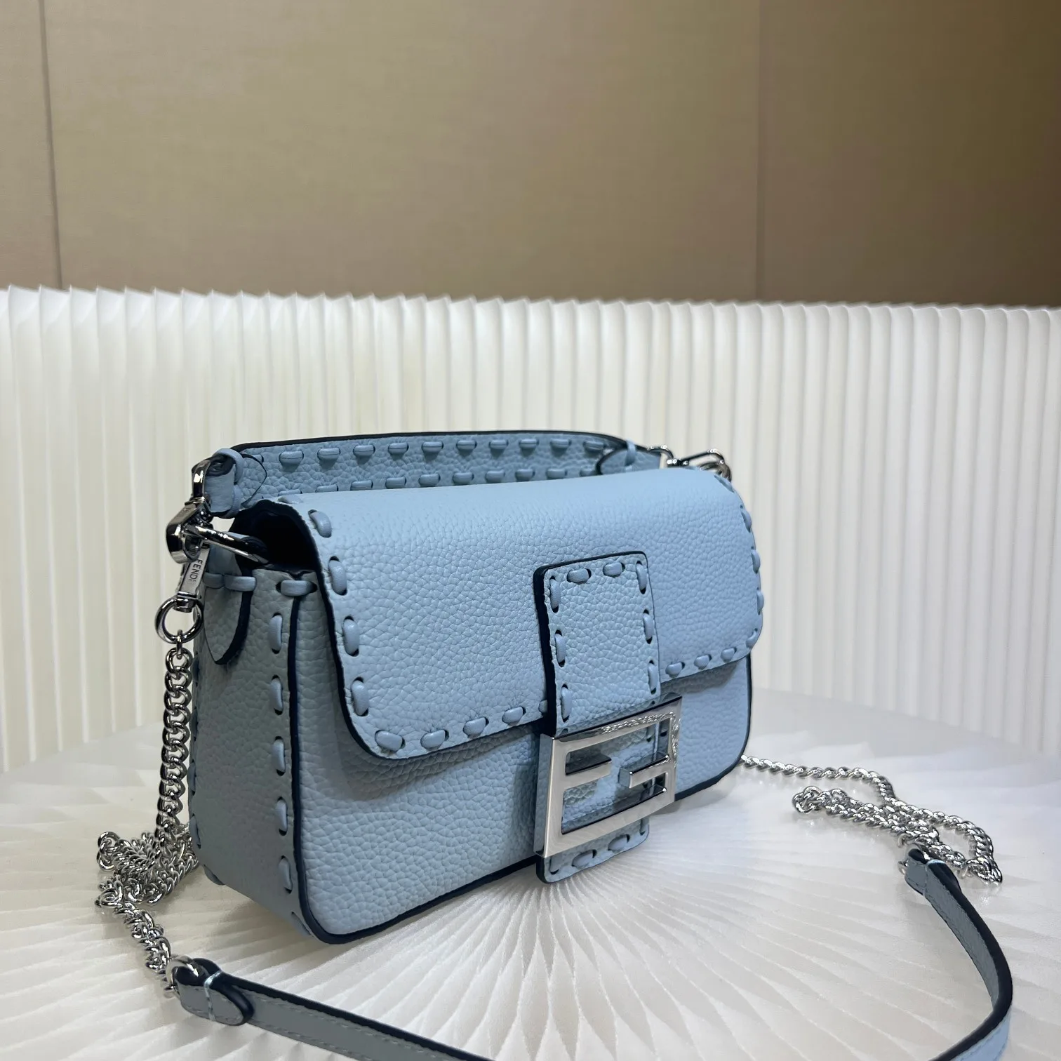 Fendi Baguette Blue Grained Leather Shoulder Bag product photo from LabelPicks