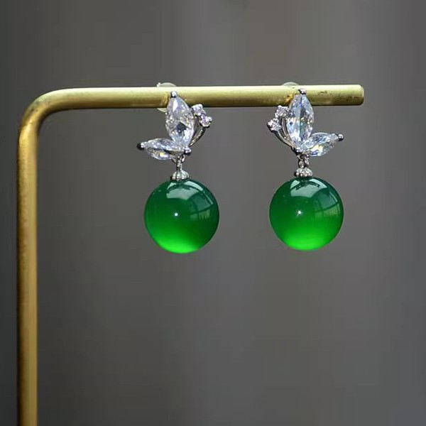 Green chalcedony butterfly earrings for women, simple retro new Chinese style elegant earrings, 925 sterling silver zirconia ear jewelry