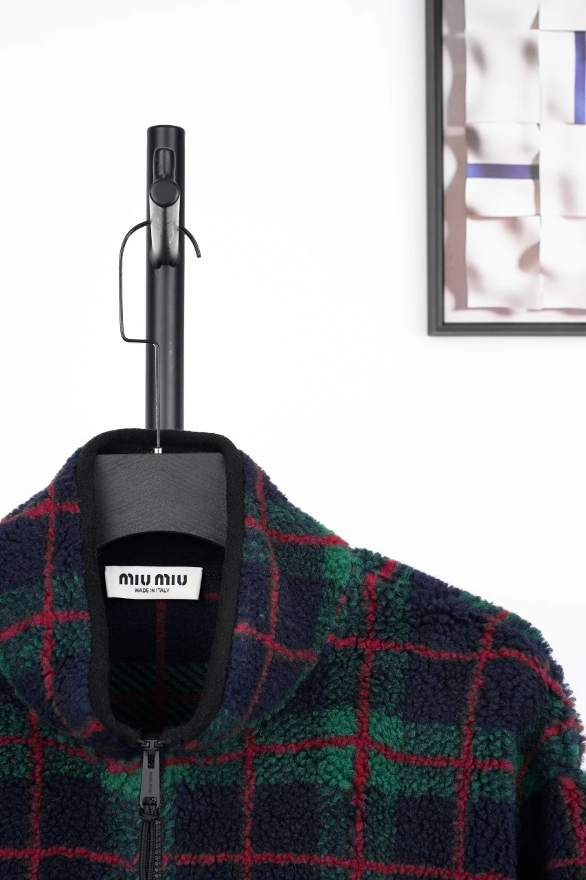 Miu Miu Dark Green Check Fleece Zip Jacket product photo from LabelPicks