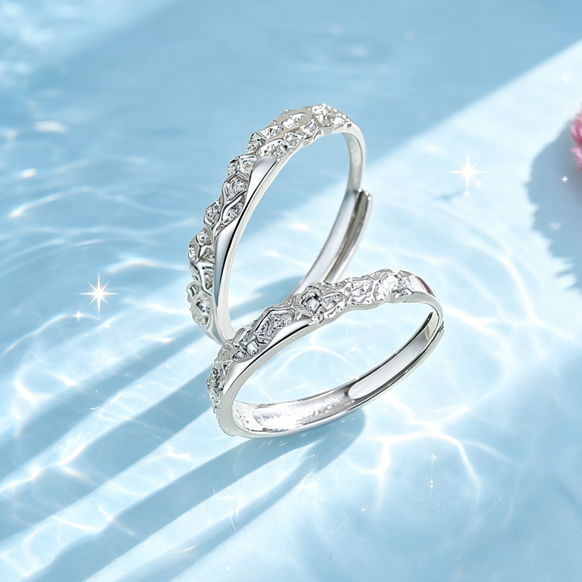Original Polaris couple rings, sterling silver, Korean-style, unique design with a pleated texture, adjustable opening, Valentine's Day gift