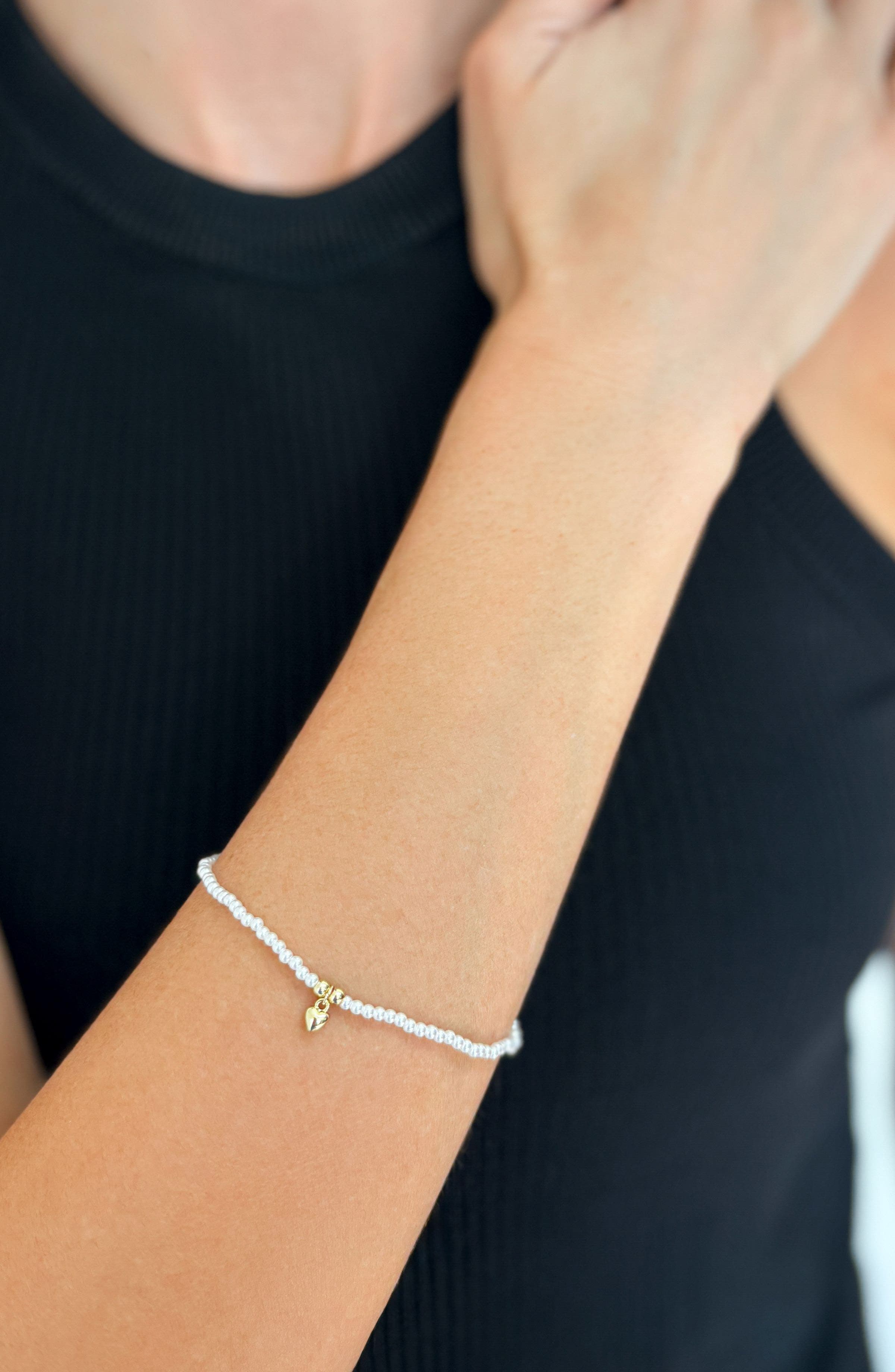 Adornia 2mm Faux Seed Pearl & Heart Charm Bracelet