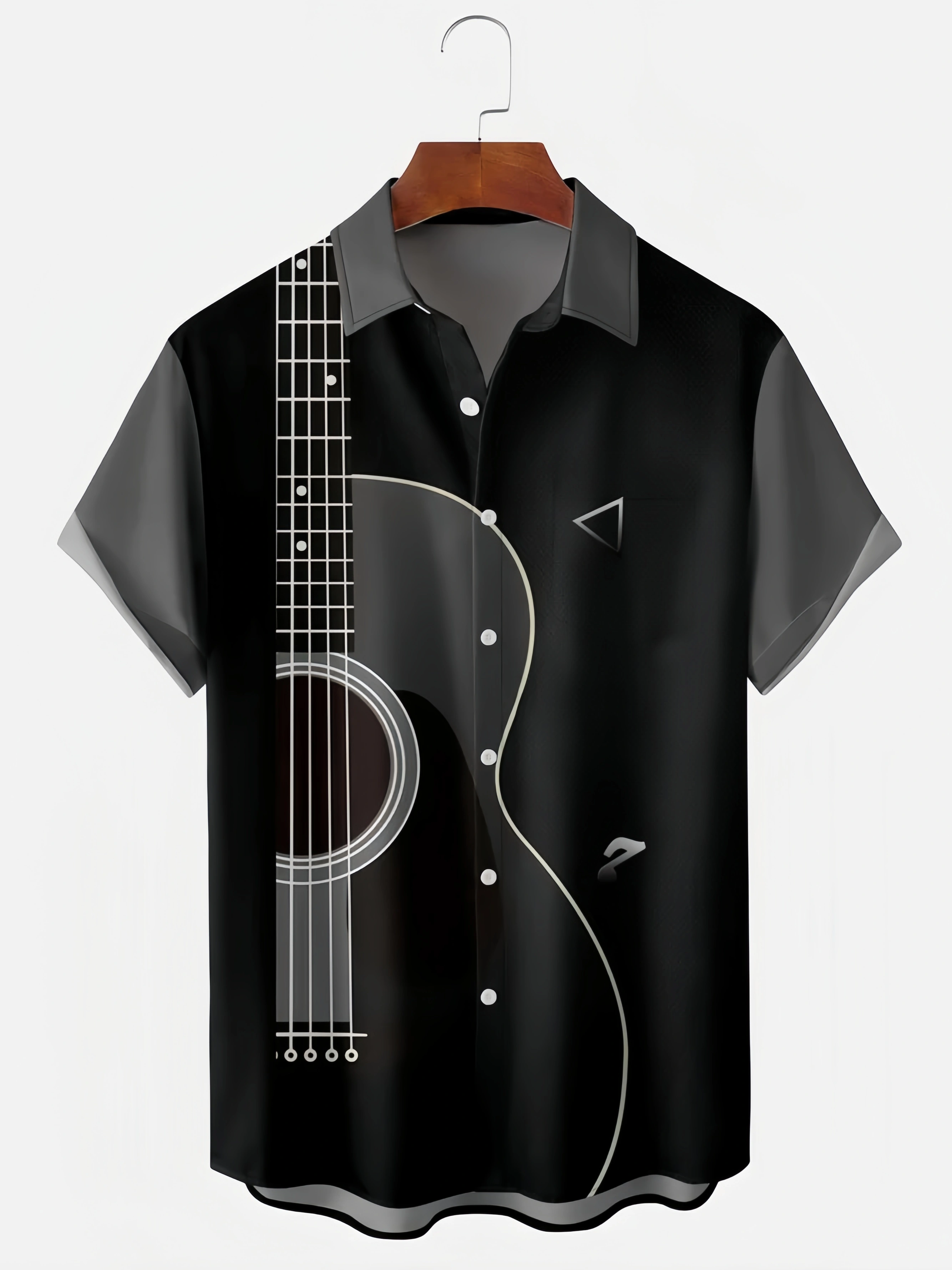 Mens Music Guitar Print Front Buttons Lapel Chest Pocket Loose Casual Hawaiian Shirt