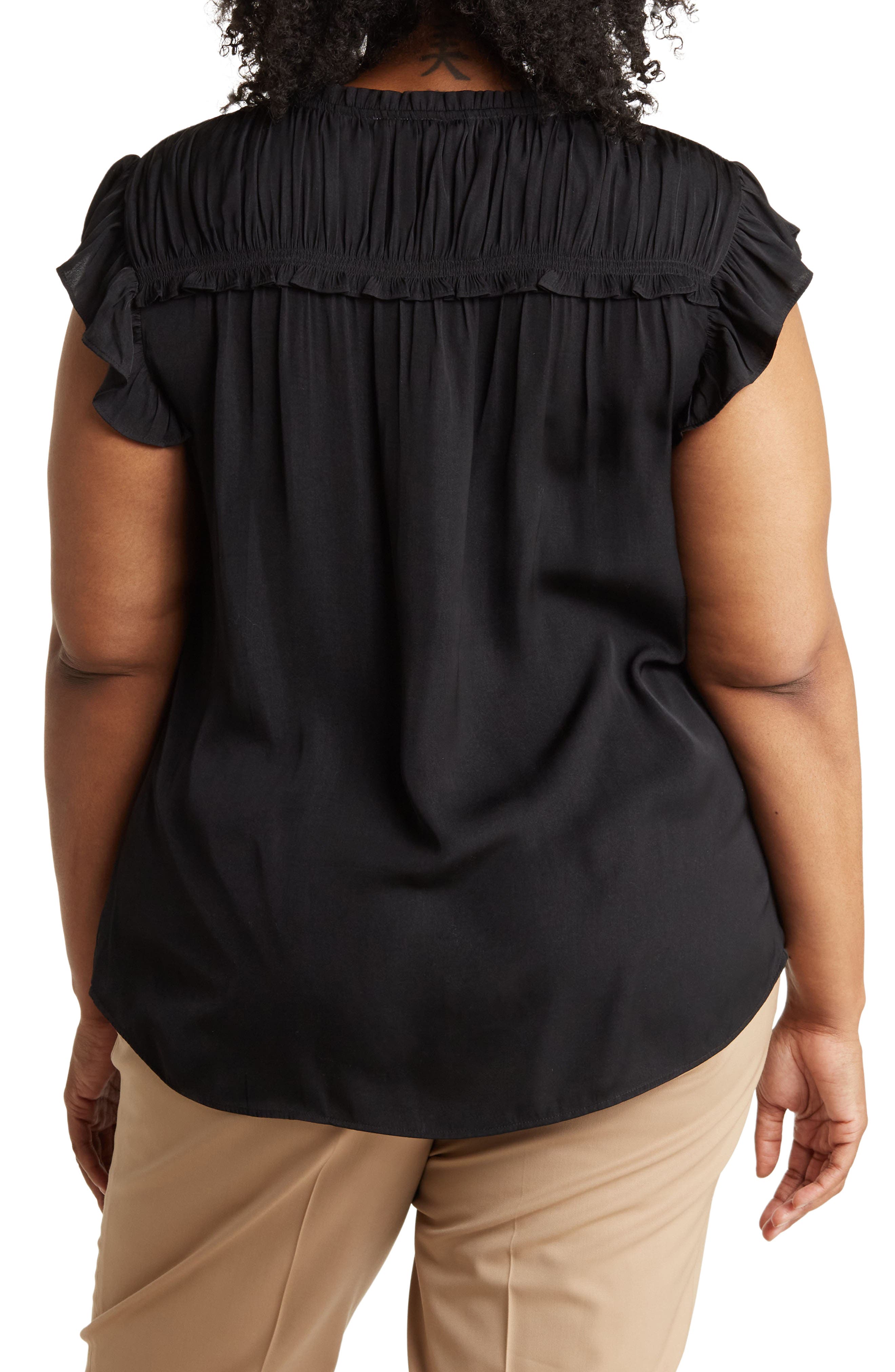 DR2 by Daniel Rainn Satin Ruffle Split Neck Top