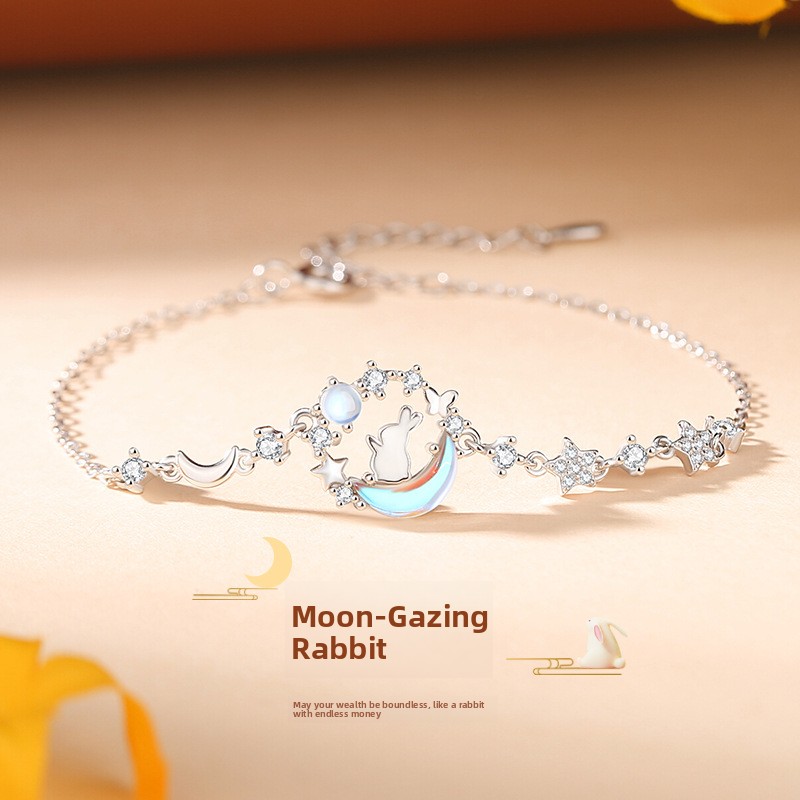 Original Moon Rabbit Bracelet for Women, Pure Silver, Retro New Chinese Style, Moonstone, Forest-Themed Rabbit Bracelet, Girly Heart Jewelry