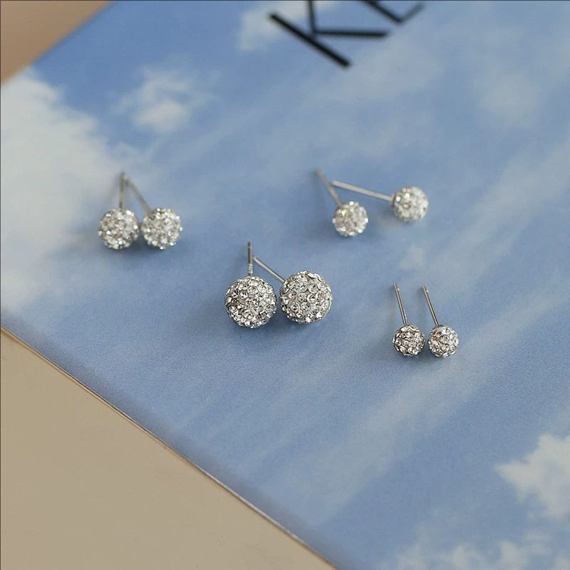 999 pure silver starry sky earrings, Korean style micro-inlaid full diamond small round ball earrings for women, versatile and ear-friendly jewelry