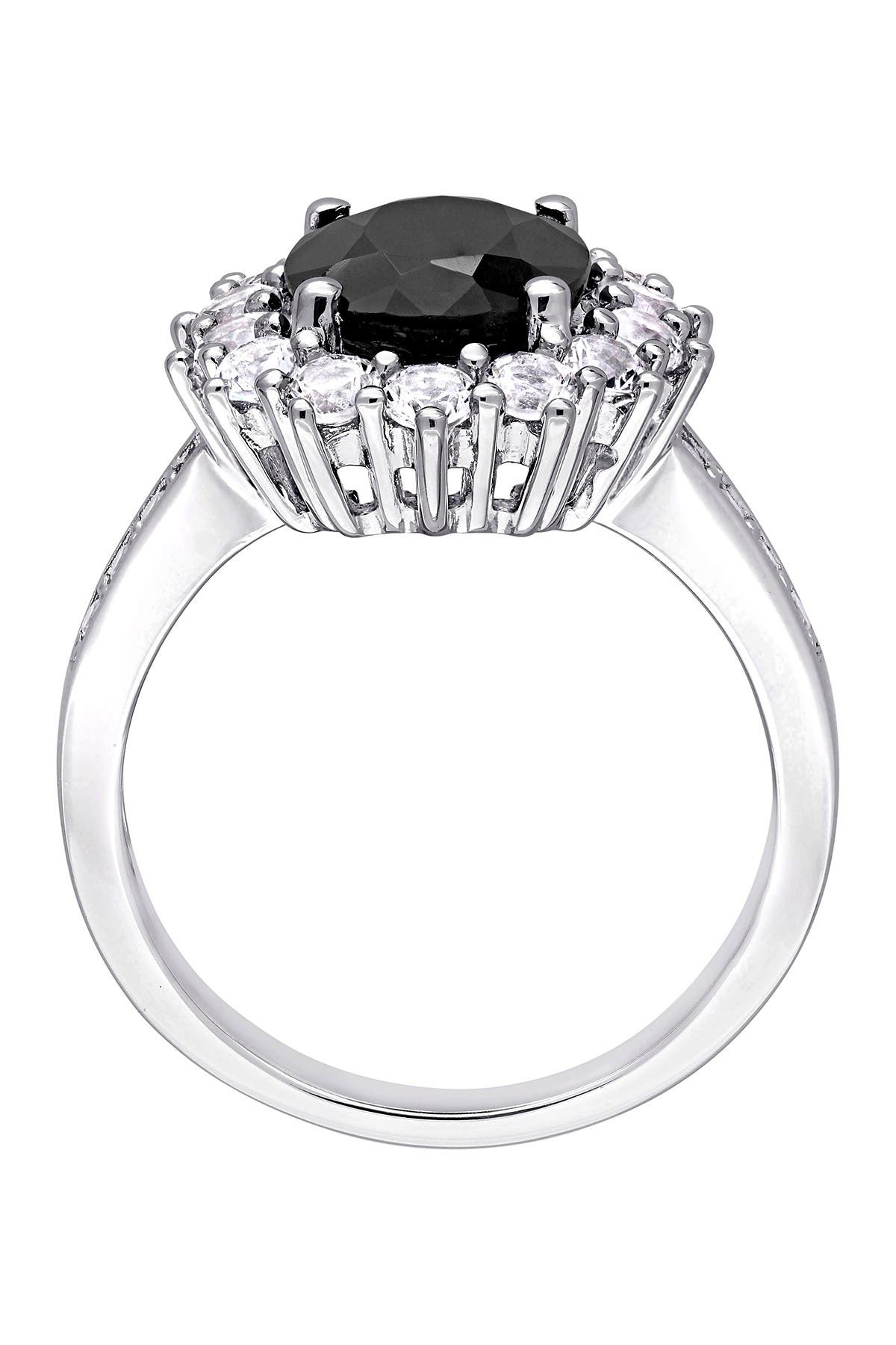 DELMAR Sterling Silver Black Sapphire & Lab Created White Sapphire Halo Ring