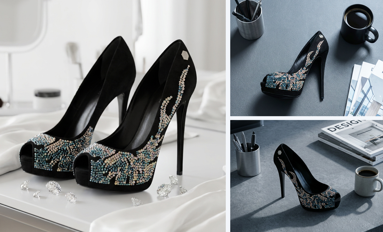 Finished shoe upper with custom hotfix rhinestone pattern - mass production sample