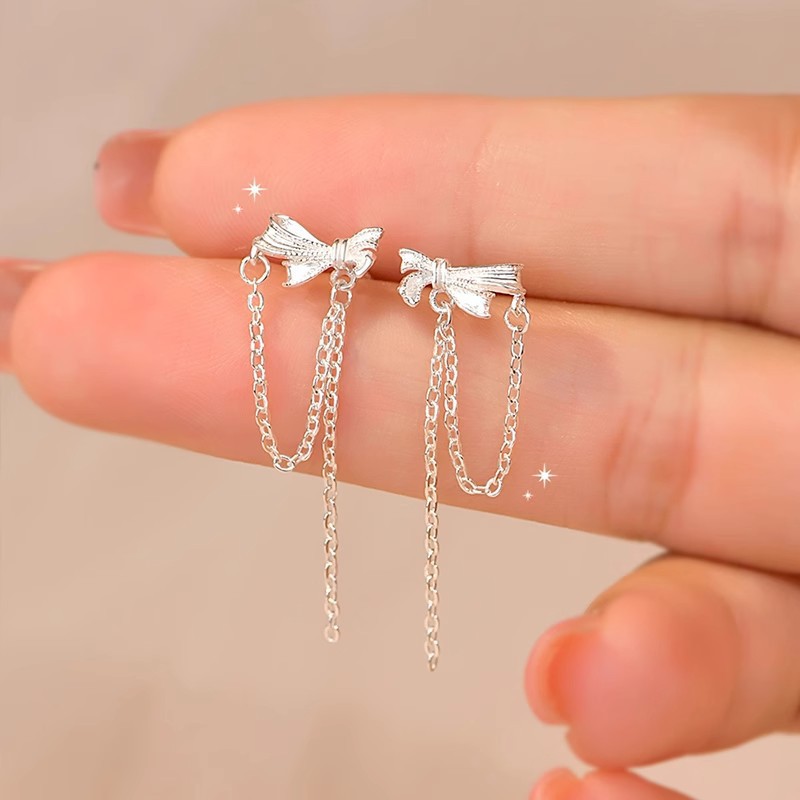 999 pure silver bow tassel chain earrings, a delicate and fresh, pastoral-style accessory, perfect for sweet and stylish girls