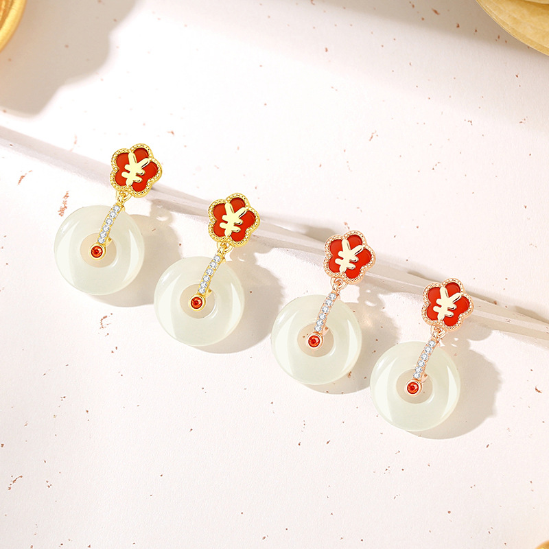 Original design, “Money Flower” safety buckle earrings for women, made of pure silver, featuring a retro Chinese style, Hetian jade, and red agate flower embellishments