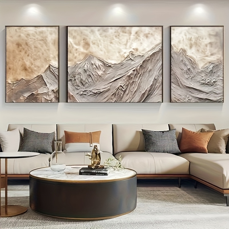 A Set of Three Frameless 100% HD Hand-Painted Decorative Oil Paintings Featuring a Minimalist Abstract Mountain Landscape with a Three-Dimensional Thick Knife Technique and Texture