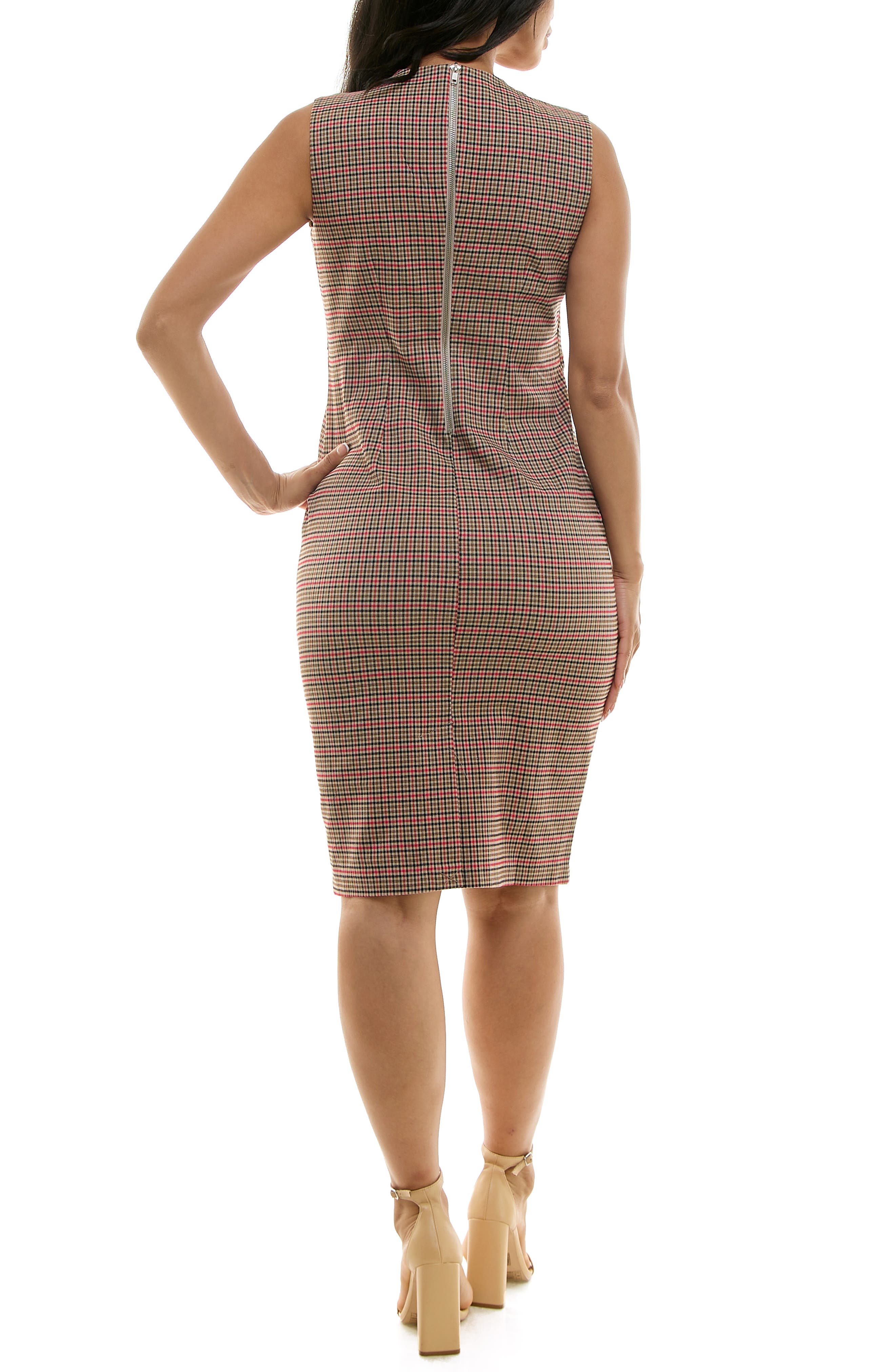 Nina Leonard Plaid U Neck Sleeveless Midi Dress