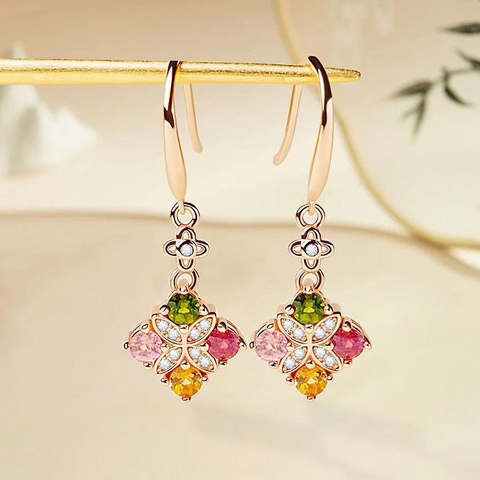 Natural Tourmaline Dopamine Four-leaf Clover Ear Hooks, Pure Silver Vintage Retro Style Earrings, Popular Internet Celebrity Ear Accessories