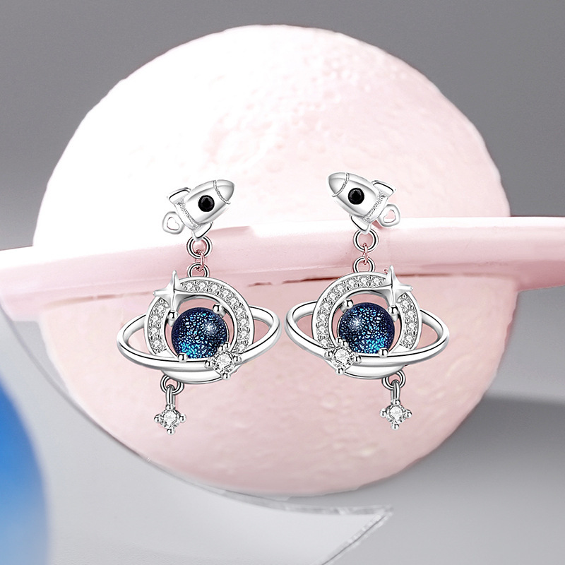 s925 sterling silver cosmic planet earrings for women, niche design, light luxury ins style, same style as on Dewu, star stud earrings