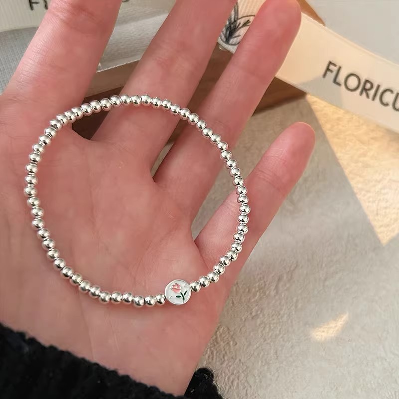 925 sterling silver round pendant tulip bead bracelet for women, featuring a unique and stylish design, perfect for layering and creating a versatile, exquisite look
