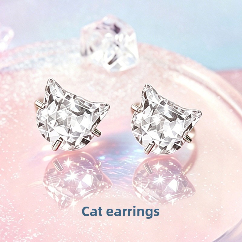 Cat-shaped zircon earrings 925 sterling silver Korean style cute girly niche design earrings spring-summer geometric ear accessories