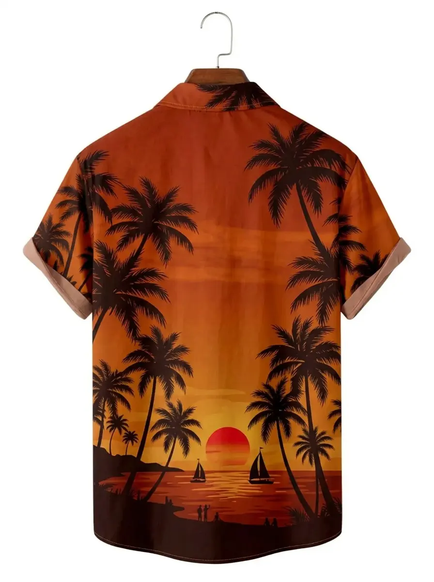 Men's printed shirts Gradient Orange Sunset Palm Aloha Shirt