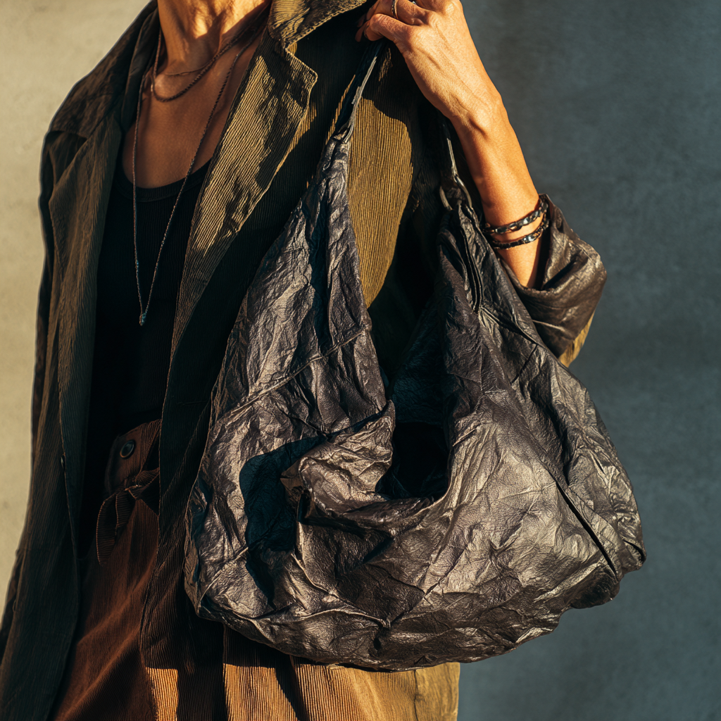 Textured Crinkled Black Leather Hobo Tote