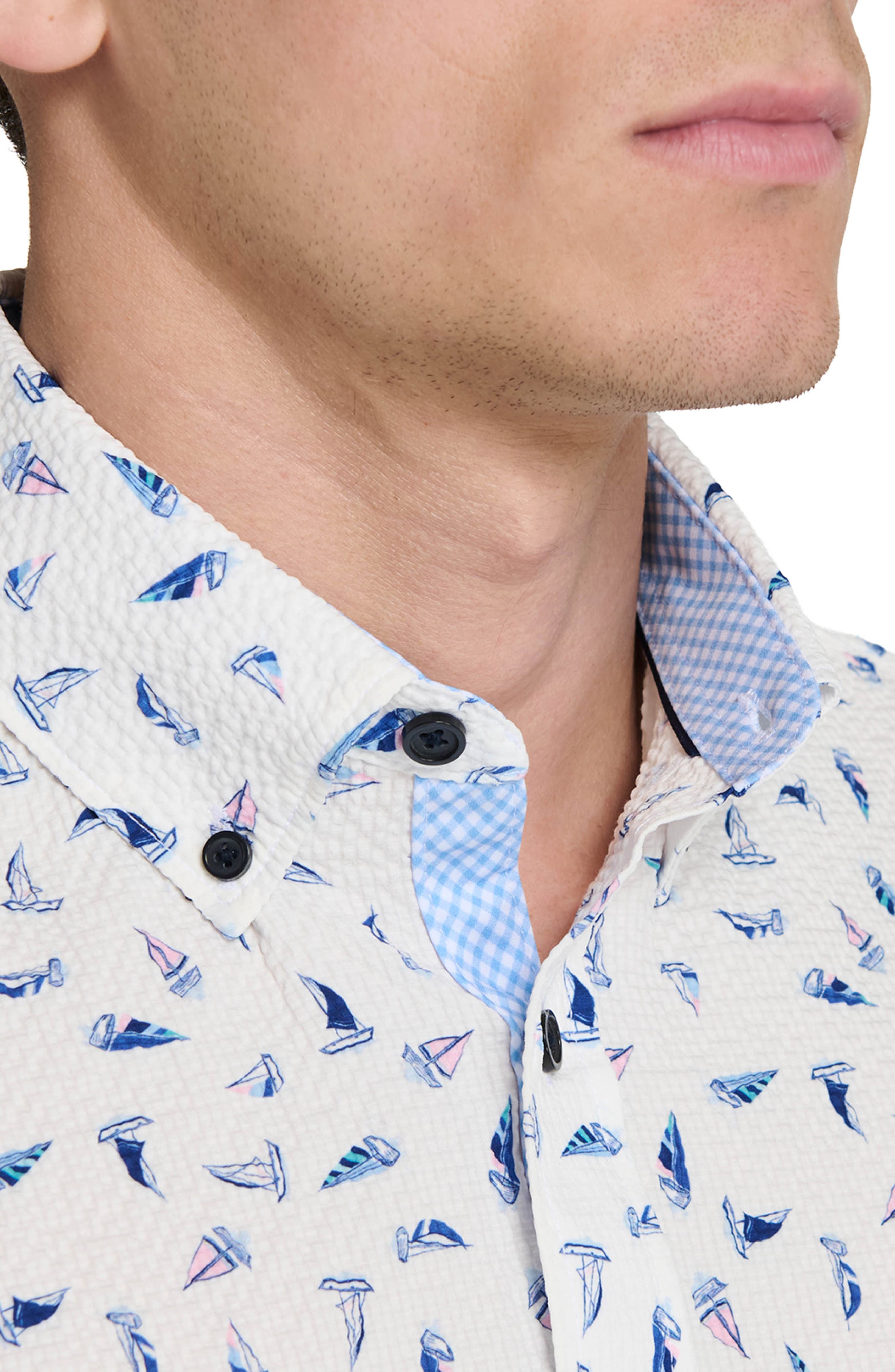 CONSTRUCT Sailboat Print Short Sleeve Seersucker Button-Up Shirt