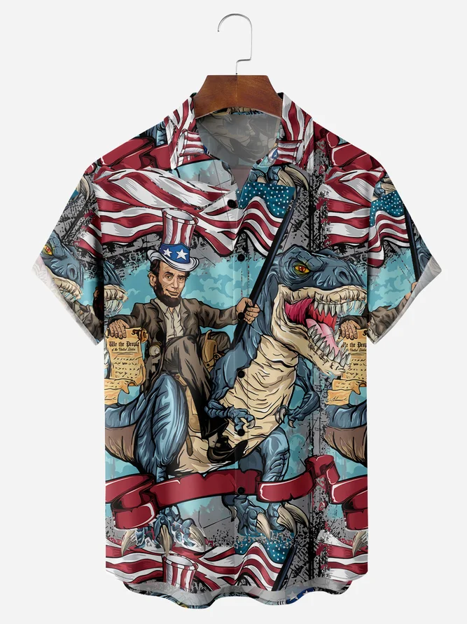 Flag Dinosaur Chest Pocket Short Sleeve Casual Shirt