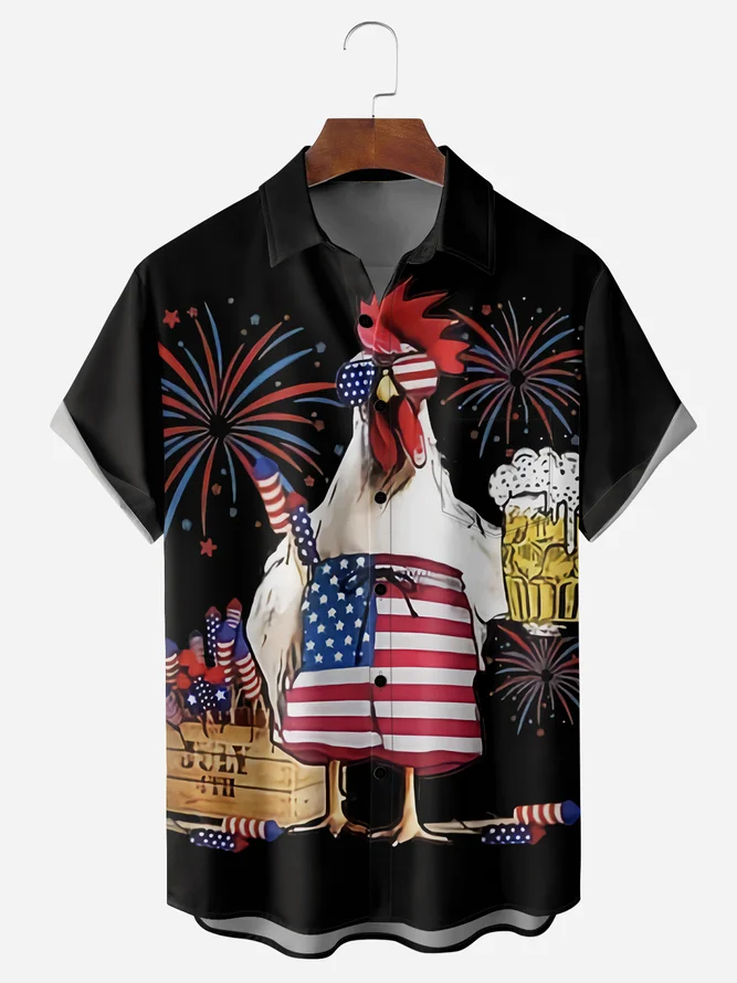 American Flag Rooster Chest Pocket Short Sleeve Casual Shirt