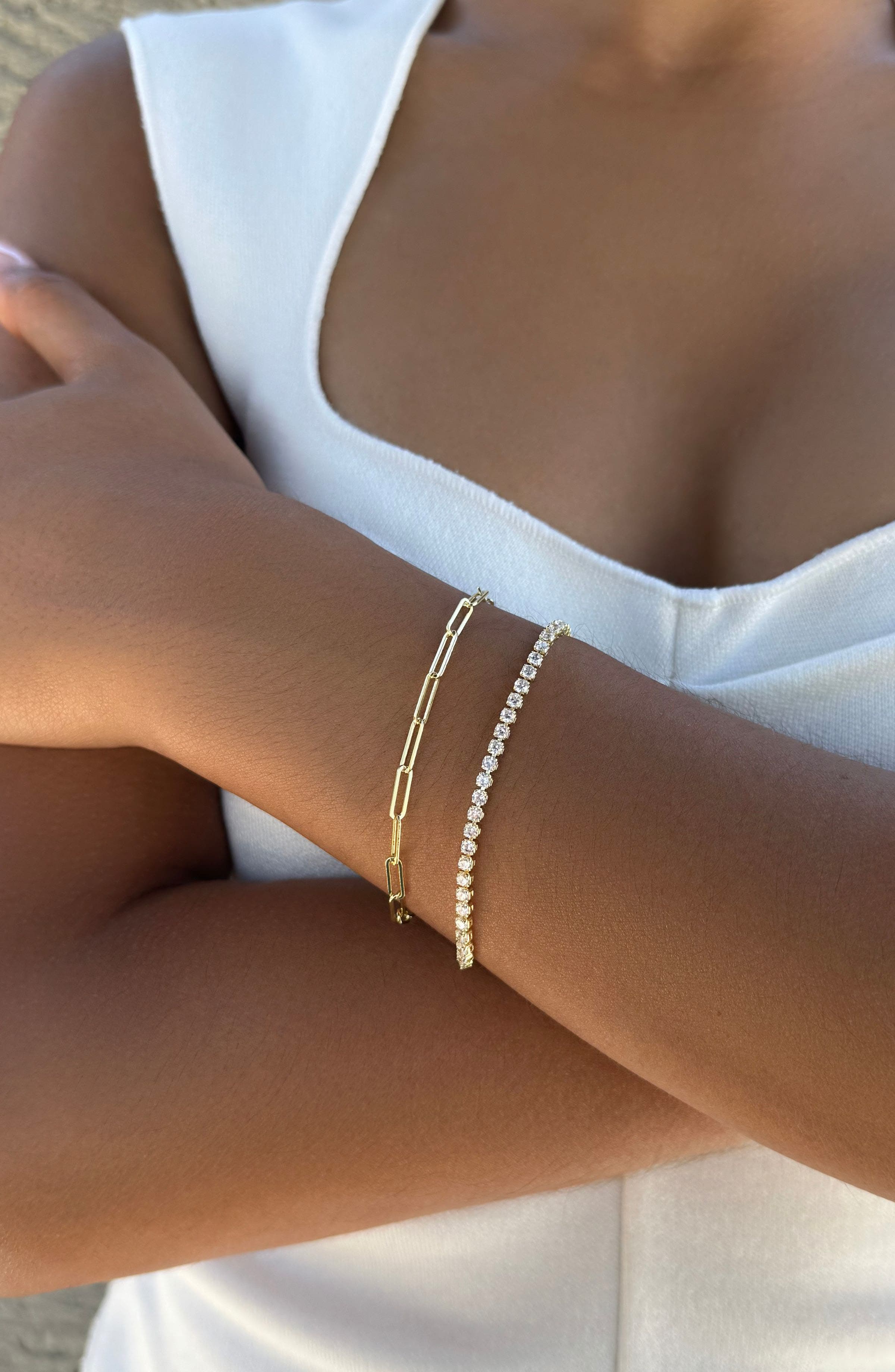 Adornia 14K Gold Plated Paper Clip Chain & Crystal Tennis Bracelet Set