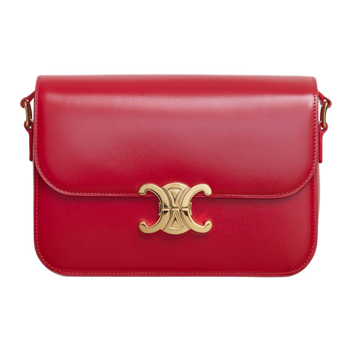 CELINE Triomphe Shoulder Bag for Women, Rouge Color, with Triumphal Metal Closure and Adjustable Shoulder Strap