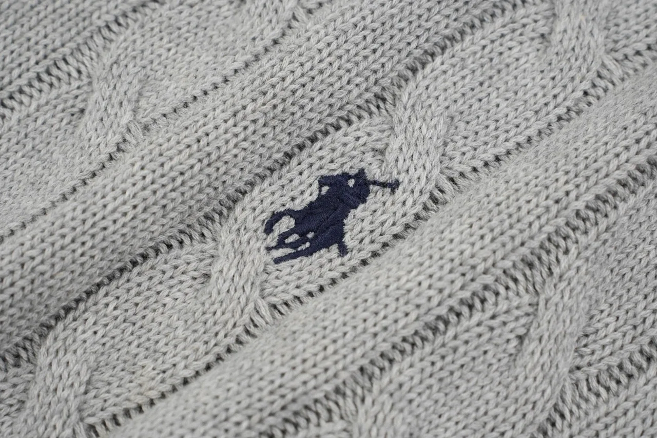 Ralph Lauren Light Grey Pony Embroidered Cable Knit Long Sleeve Polo Sweater product photo from LabelPicks