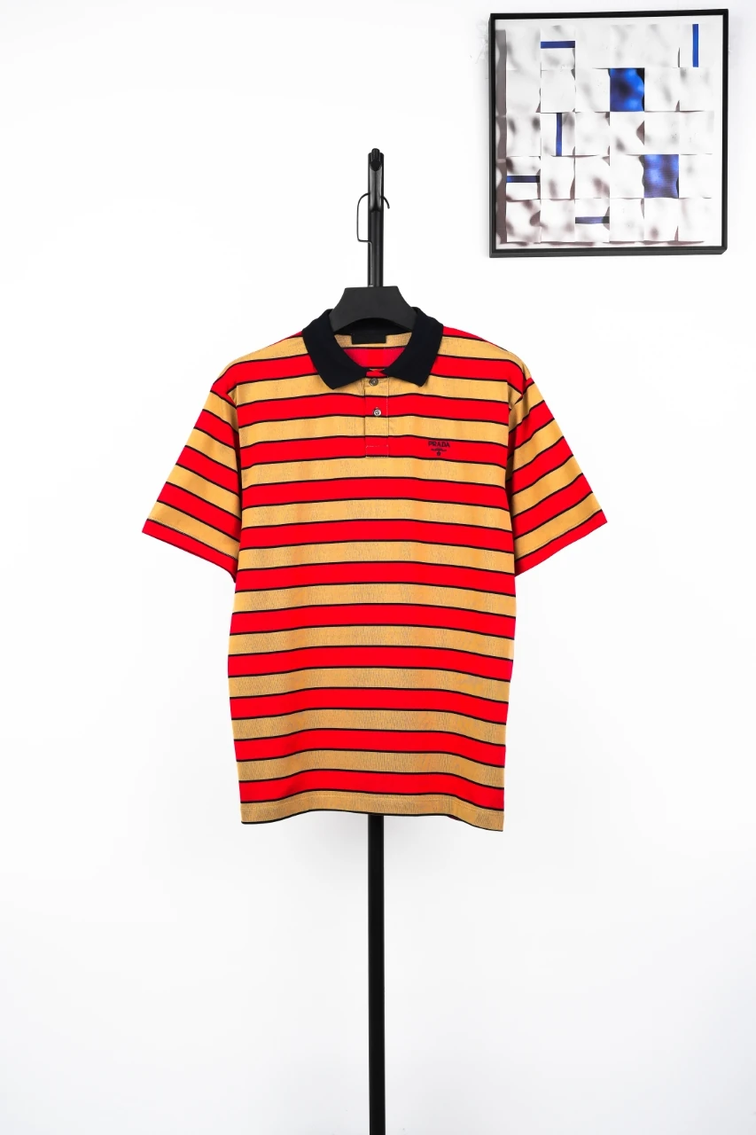 Prada Red Khaki Striped Short Sleeve Polo product photo from LabelPicks