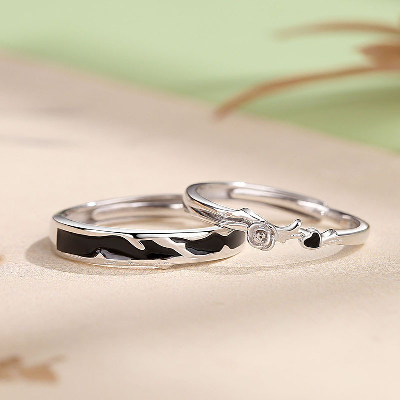 Original design, rose-themed couple rings, 925 sterling silver, unisex, featuring a unique and stylish design, adjustable size