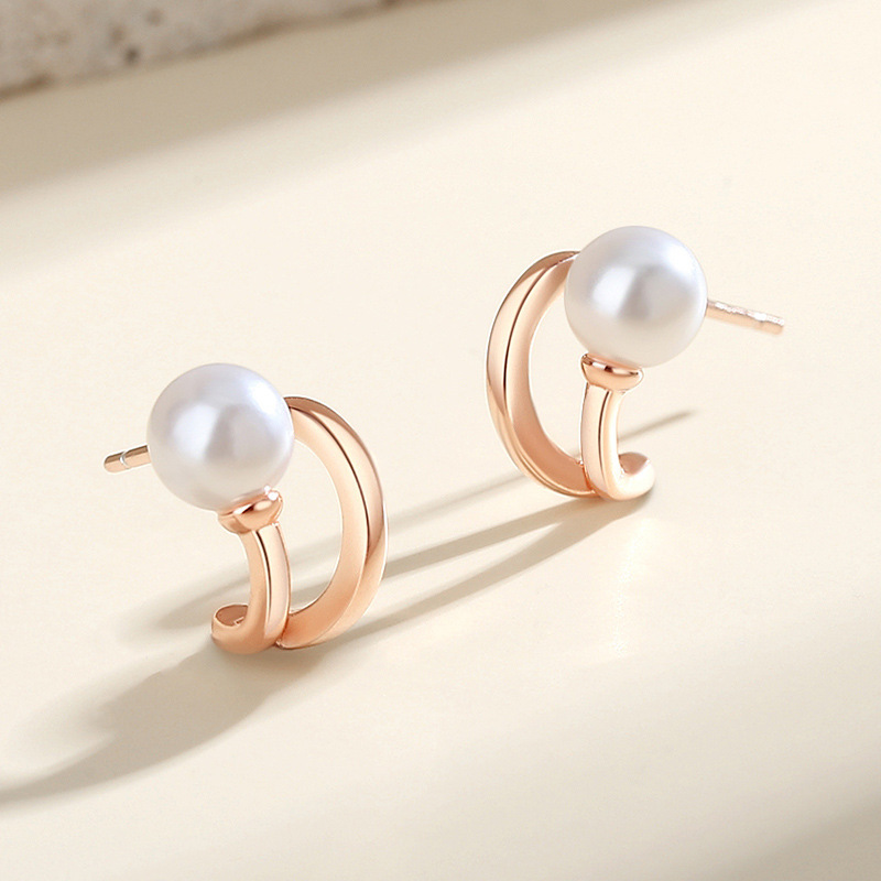 s925 sterling silver double C pearl stud earrings for women, versatile and fashionable, ins-style elegant earrings, popular rose gold earrings