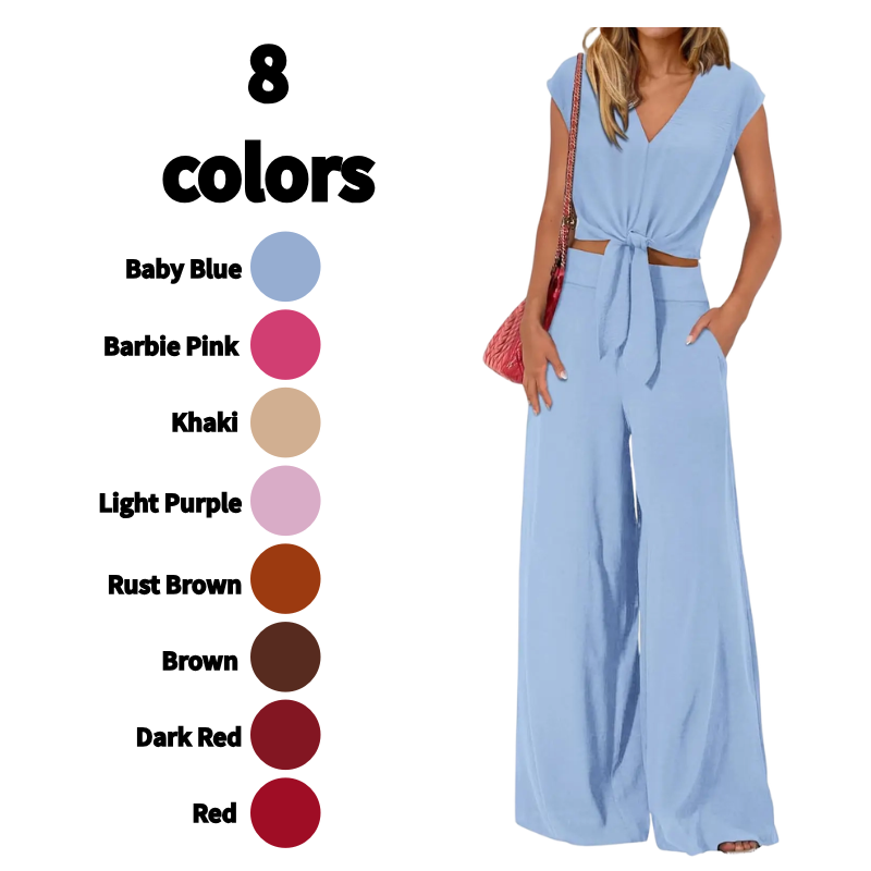 🔥Today's Specials-All Colors Just 24.99🎉 Women's  2 Piece Outfits Cap Sleeve V Neck Belted Crop Tops Wide Leg Pant Sets Casual Tracksuit Womenswear