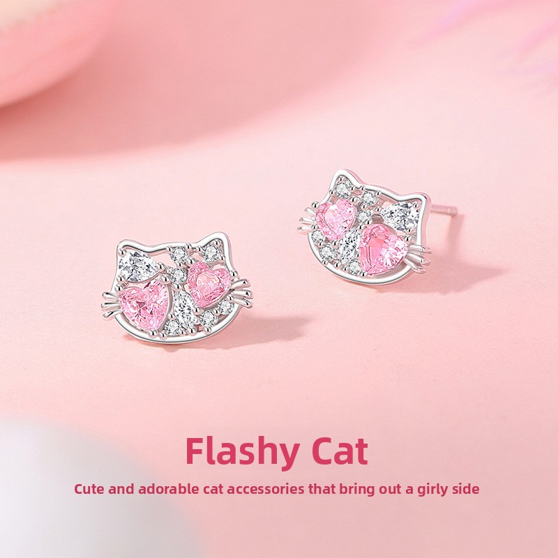 Original design, dazzling cat ear studs for women, made of pure silver, Korean style, unique and niche design, cute and delicate, perfect for a girly look, adorable heart-shaped earrings