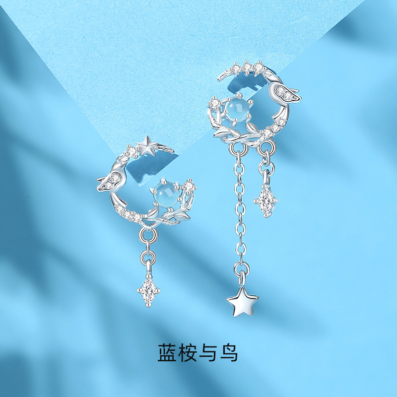 Blue Eucalyptus and Bird Earrings for Women, Pure Silver, Summer Korean Style, Forest-Themed, Asymmetrical, Unique Design, Tassel Earrings, Original
