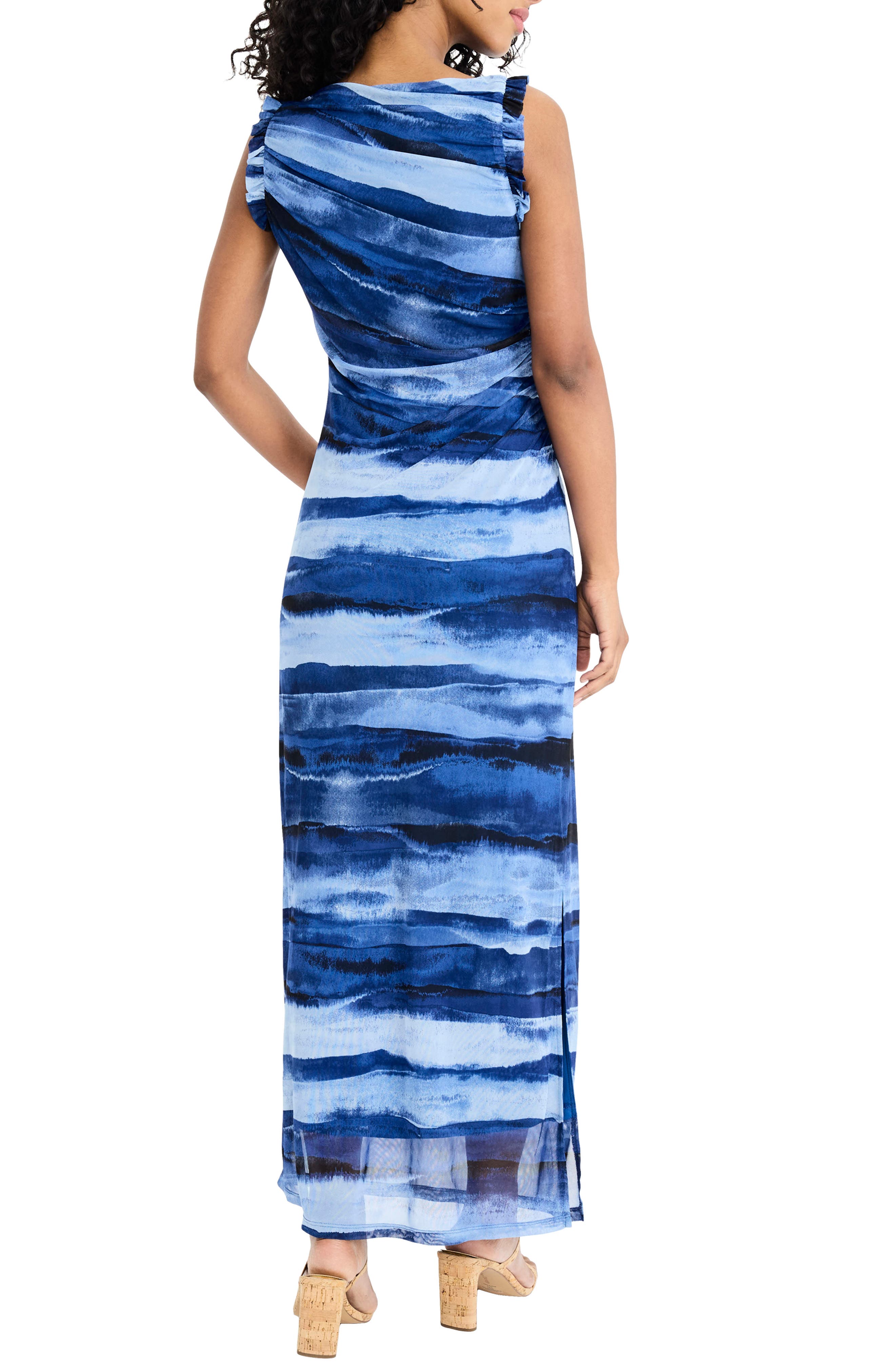 Donna Morgan Ruffle Stripe Sheath Midi Dress