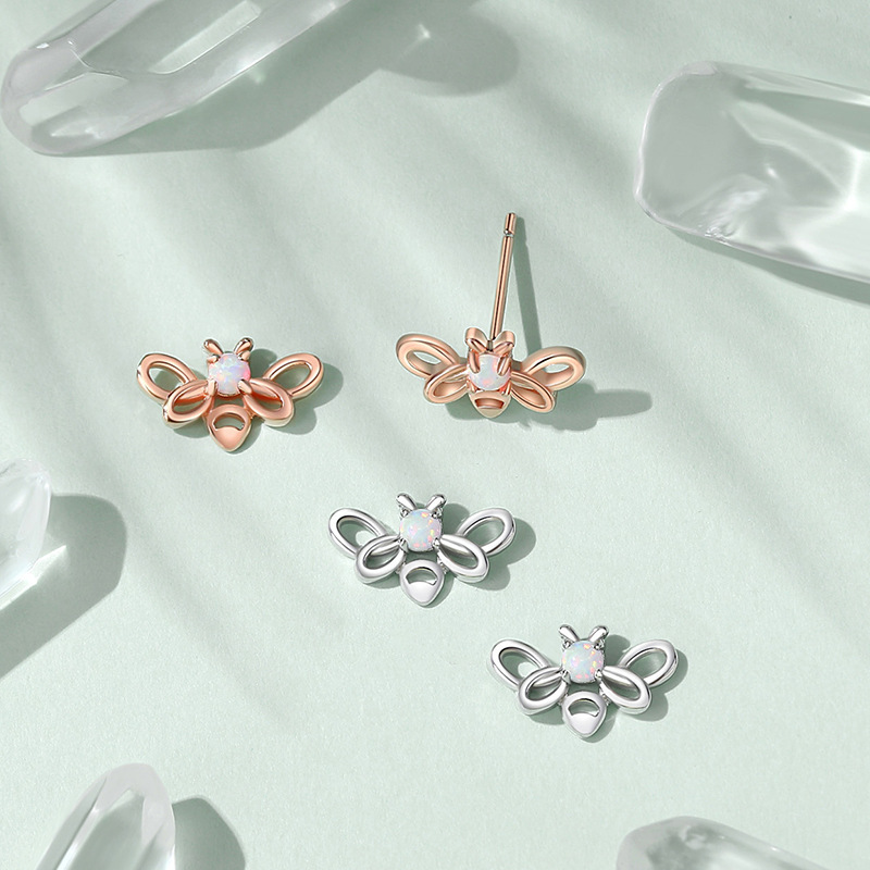 Original Bee Stud Earrings 925 Sterling Silver Rose Gold Forest Style Fresh Opal Earrings Girly Heart Ins Earrings