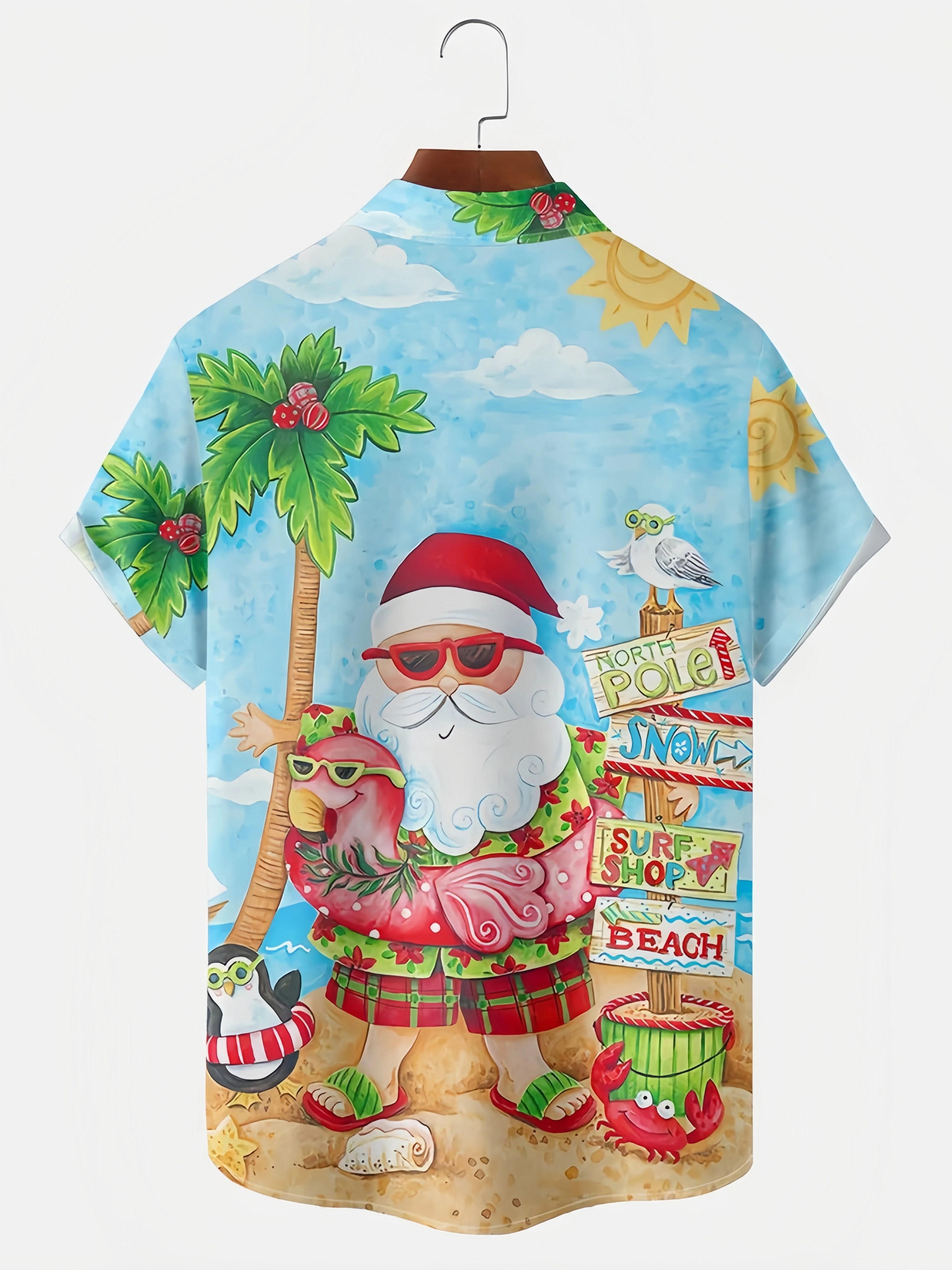Mens Christmas Santa Surfing Print Front Buttons Soft Breathable Chest Pocket Casual Hawaiian Shirt