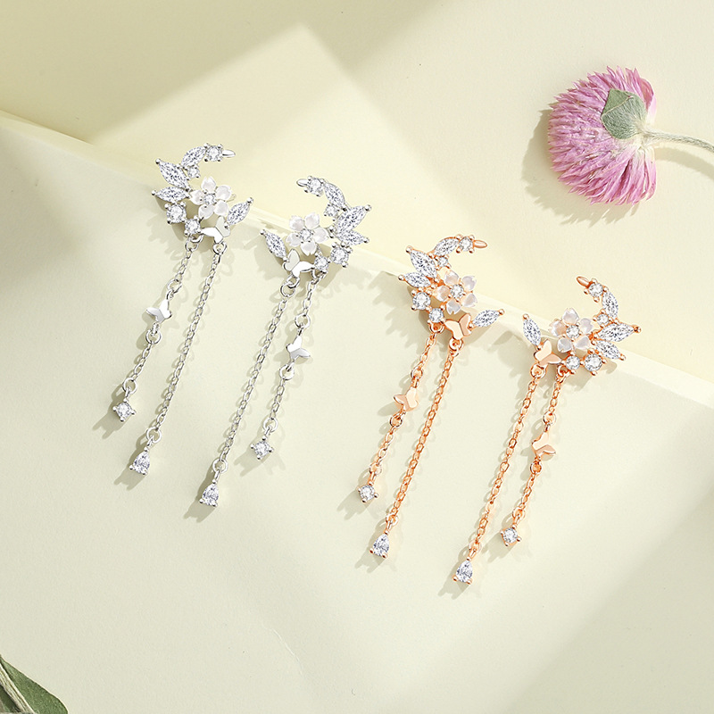 Original 925 sterling silver garden dream tassel earrings for women, zircon and mother-of-pearl flower earrings, niche design earrings