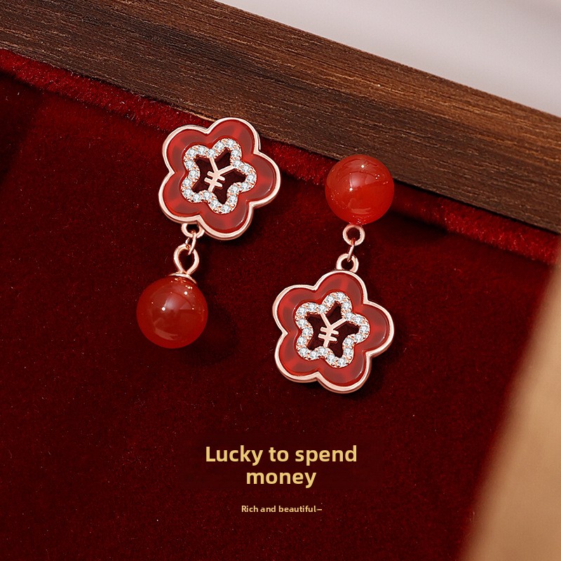 Original Lucky Money Flower Earrings, Sterling Silver, Forest-Themed, Unique Design, Coin and Flower Motifs, Red Agate Earrings, New Year Earrings