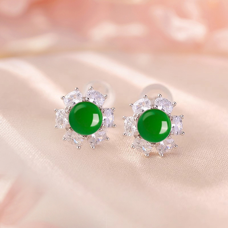 925 sterling silver vintage style chrysoprase flower stud earrings for women, Chinese style sunflower earrings, light luxury high-end earrings
