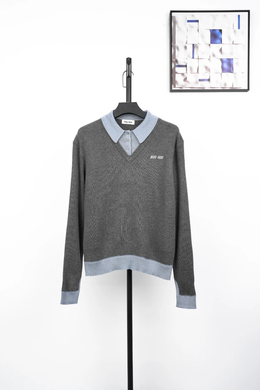 Miu Miu Grey Jacquard Logo Layered Cashmere Knit Polo Sweater product photo from LabelPicks